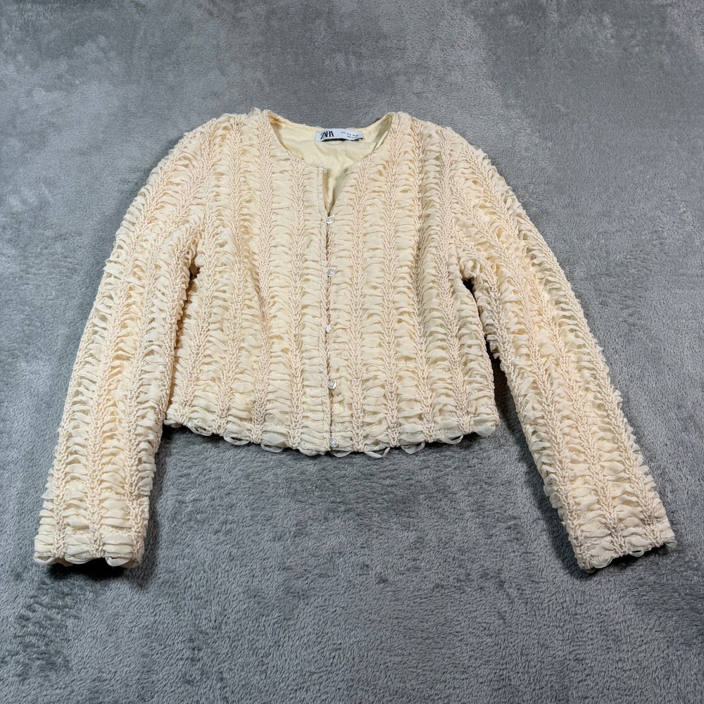 ZARA Cropped Ruffle Cardigan Womens Small Cream Button Up Long Sleeve Cotton